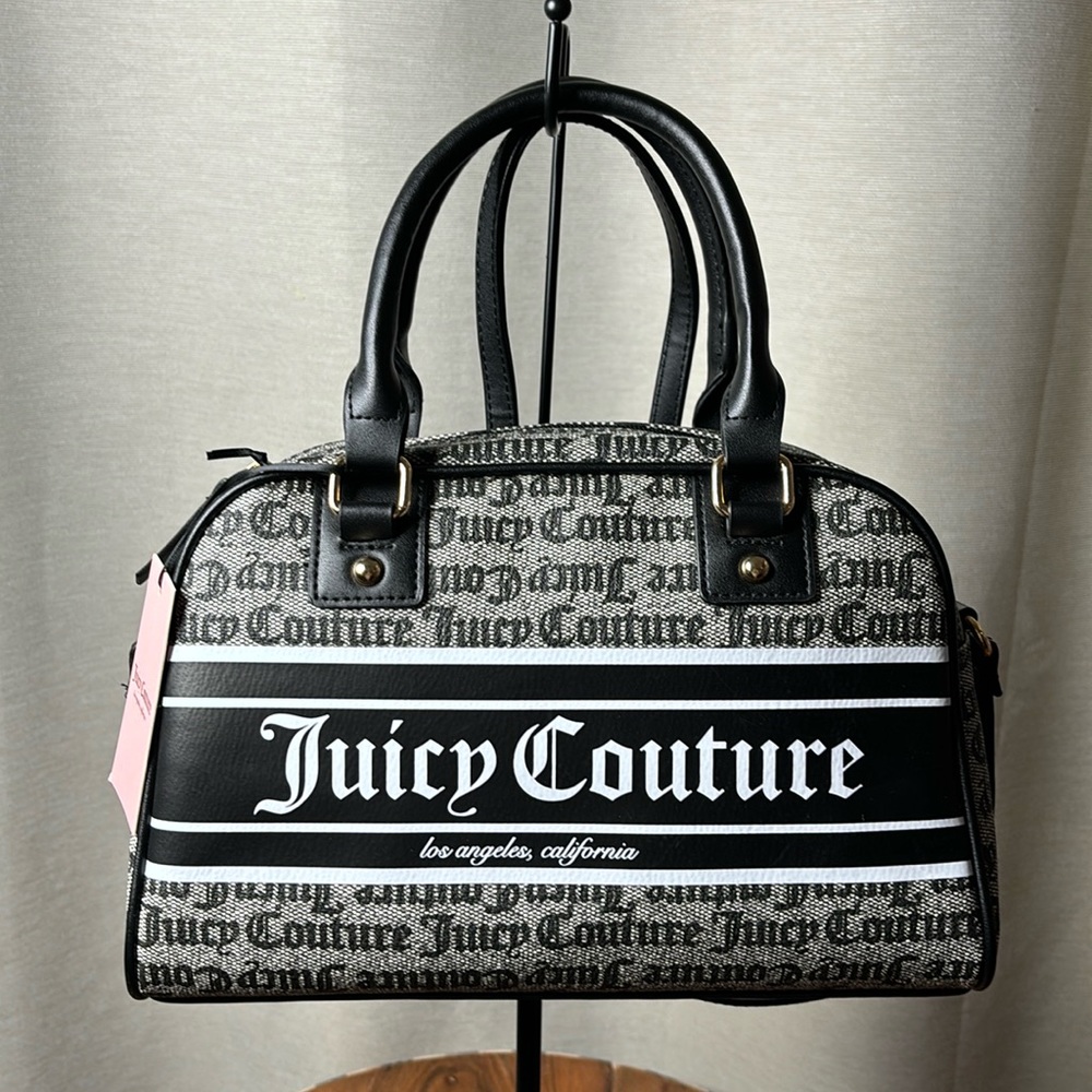 Juicy Couture Black Beige Fashionista Bowler Bag Crossbody Strap Handbag